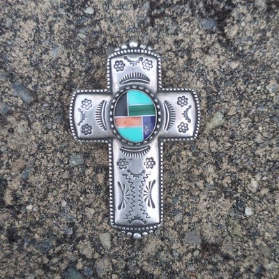 Vintage NajavoSterling Silver Cross Pendant Brooch Turquoise 