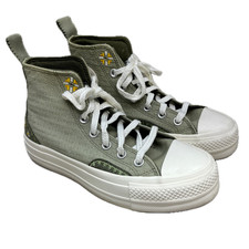 Converse Sz 6 Chuck Taylor All Star Lift Platform Green Floral Autumn Embroidery