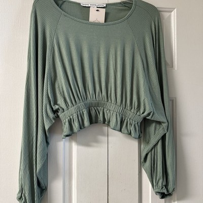 HYFVE Drapey Peplum Crop Top Green Size S Long Sleeve NWT