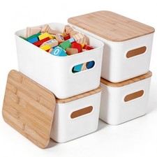 Storage Bins with Bamboo Lids 7QT Plastic Storage Containers Stackable Organi...