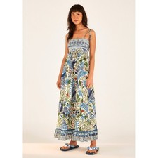 FARM Rio Macaw Flight Maxi Dress (Sz M) Smocked Cotton Tassels Off-White Blue
