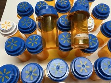 40 Small  Medium Empty Locking/Unlocking Pill Bottles UNCLEAN w sticker residue