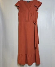 NAIF Faux Wrap Midi Dress Womens Large Burnt Orange Ruffle Hem Elastic Waist Tie