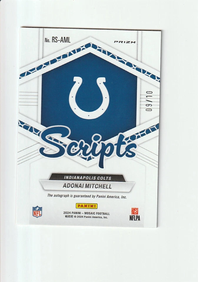 2024 Mosaic Rookie Scripts Adonai Mitchell NO HUDDLE Gold Prizm # 09/10 Gradable - Image 2 of 2
