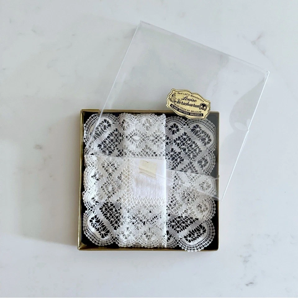 Винтажный кружевной вышитый носовой платок Louise Verschueren цвета слоновой кости - Изображение 2 из 4