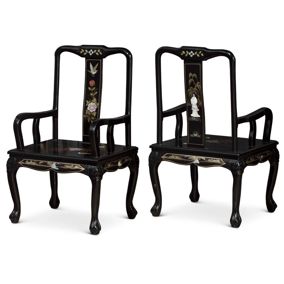 US SELLER - Black Lacquer Mother of Pearl Oval Oriental Dining Set with 6 Chairs - Image 4 of 4