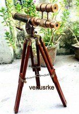 Nautical Antique Brass Marine Floor Telescope With Handmade Wooden Tripod Stand