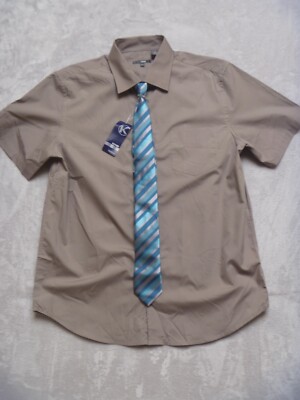 Kiabi Shirt & Tie Mens size 43/44 Short Sleeve Button Down Gray Blue New w/tags!