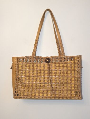 The Sak Wood Woven Lined Shoulder Bag Medium Size Natural Wood Tones And Mustard - Picture 1 of 6