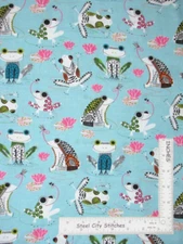 Frog Toad Lily Pad Bug Toss Aqua Blue Cotton Fabric QT Hop To It By The Yard