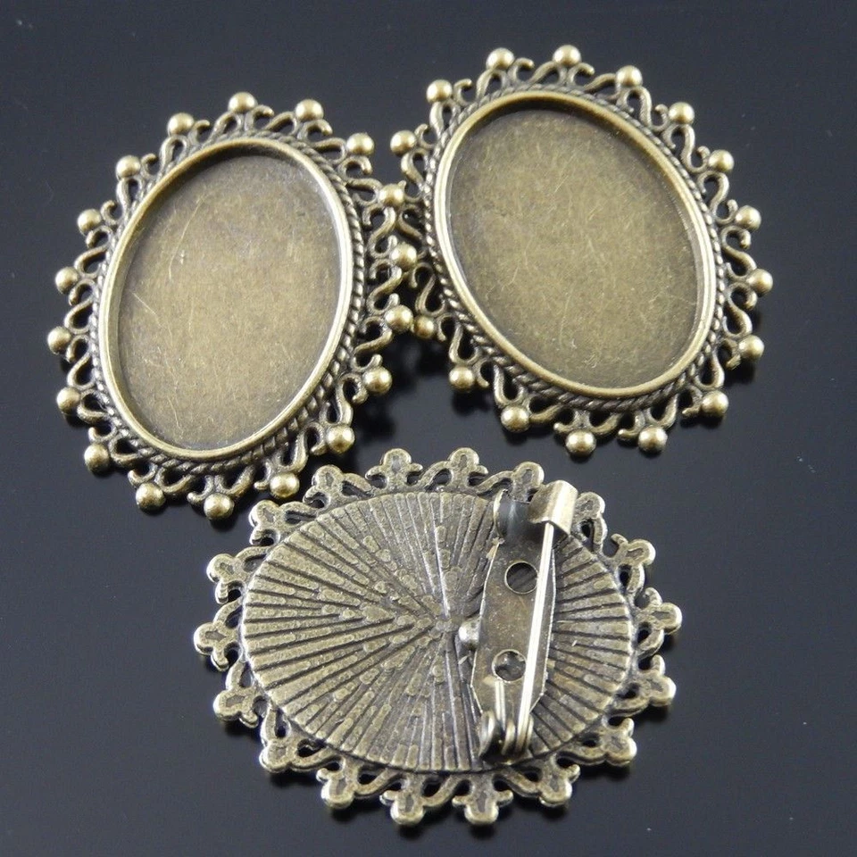 5pc Retro Bronze Cabochon Cameo Setting Bezel Base Brooch Jewellery 25*18mm Tray - Image 2 of 4