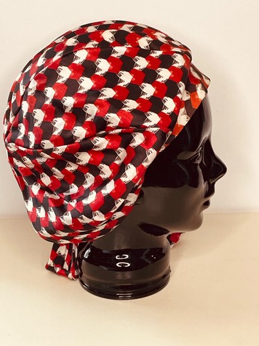 VTG 60'S MOD GENE DORIS RED BLACK&WHITE SILK GRAPHIC PRINT TIE BERET SNOOD HAT - Picture 3 of 7