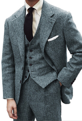 Herren Anzüge 3-teilig Wollmischung Tweed Fischgrät Vintage Trauzeugen Smoking Anzug