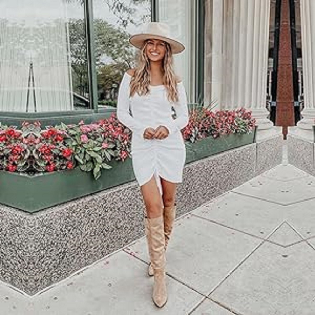 Sweater Knit Dress Beige Ruched Off Shoulder Beige Large