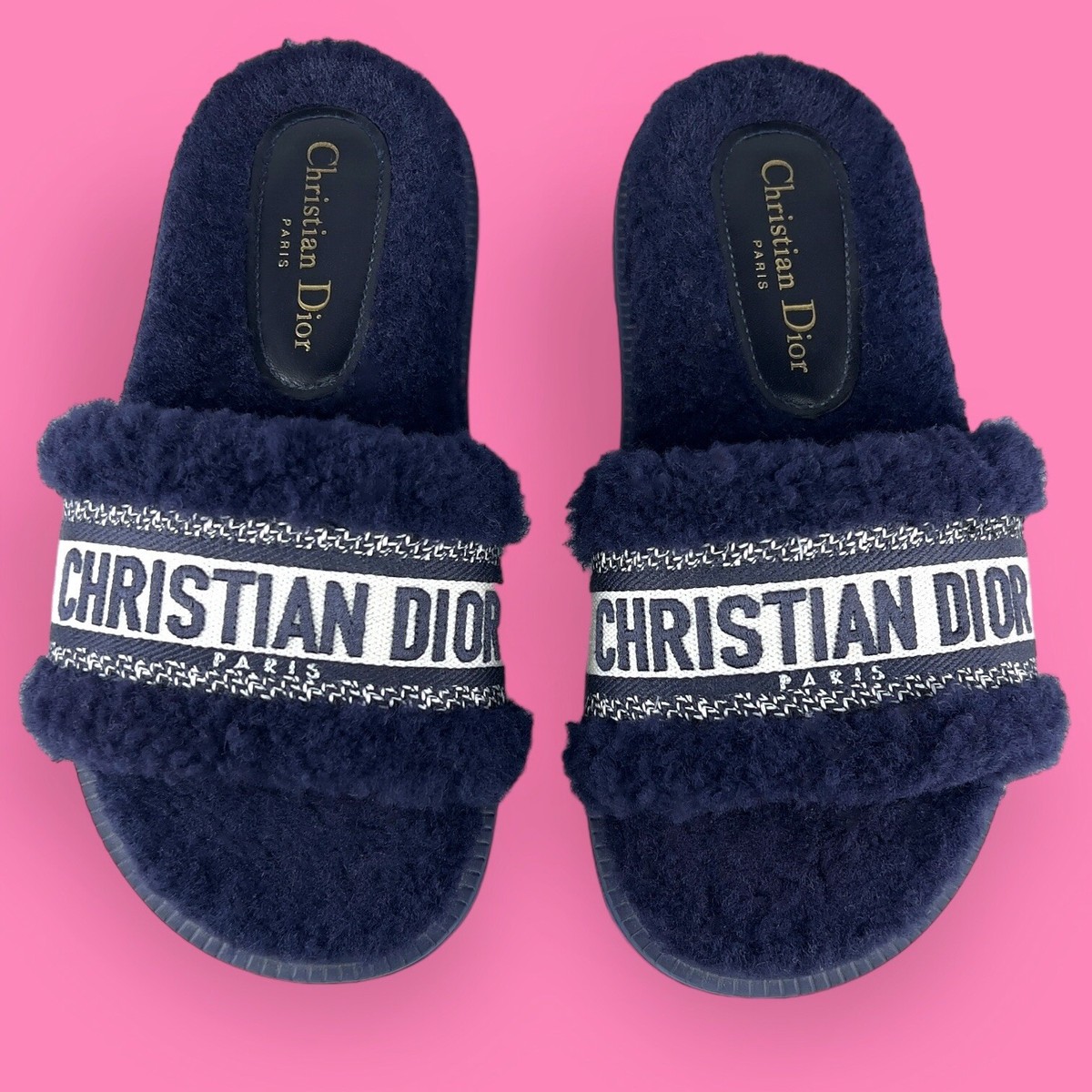 AUTHENTIC Christian Dior Dway Shearling Fur Deep Blue Slides