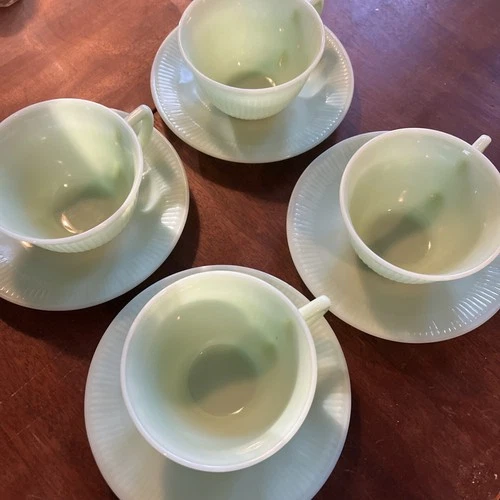Vintage Fire King | 4 Lot | Jadeite Tea Cup & Saucer | Jane Ray Ribbed | USA