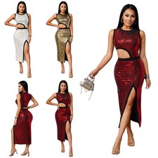 Women Dress Date Dresses Wedding Midi Dress Slit Sleeveless Office Round Collar