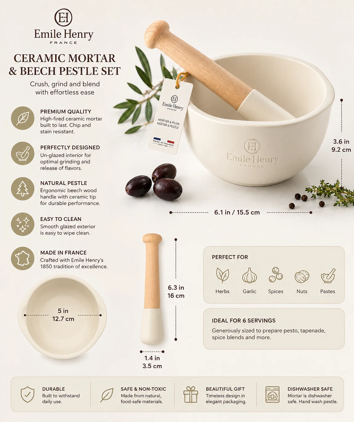 Emile Henry Mortar & Pestle Set — Ceramic Mortar with Wooden Pestle | Farine (Wh
Opens in a new wind