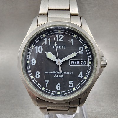 Seiko Alba Carib Watch Men 36mm Black Dial Silver Tone Daydate V743-8000 New Bat