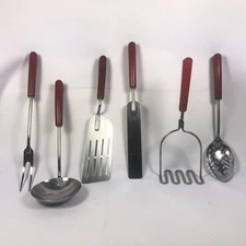 Vintage Ekco Eterna Stainless Steel Red Handle 6 Utensil Set Made in USA Kitchen
