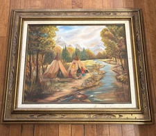 Western Scene Indians w/Tipis Oil Canvas Painting Signed Ellen Qenta Rexburg I.D