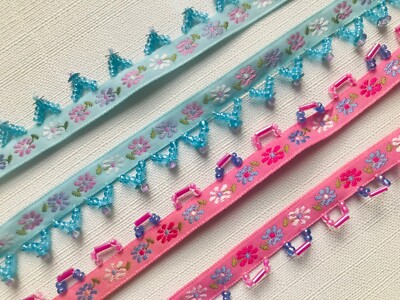 Vintage Perlen Jacquard Band Borte zierliches Gänseblümchen Blumenmuster 13 mm rosa blau