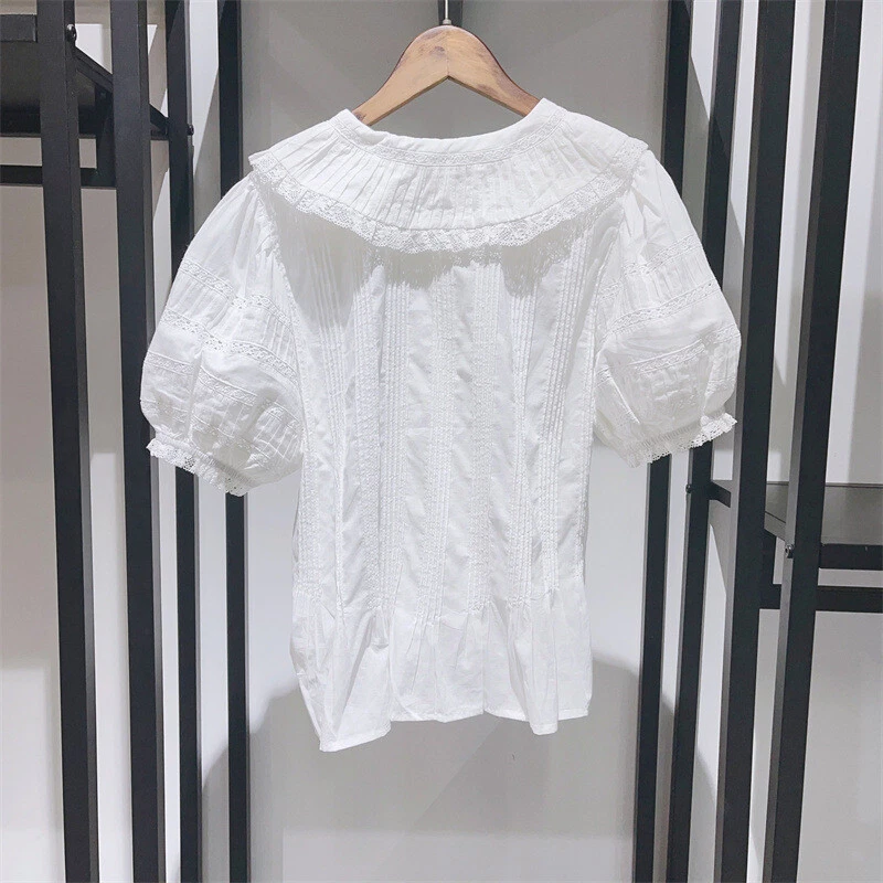 Doen Womens June Pleated Short Sleeves White Salt Cotton Blouse Tunic Top Size M - Image 4 of 4