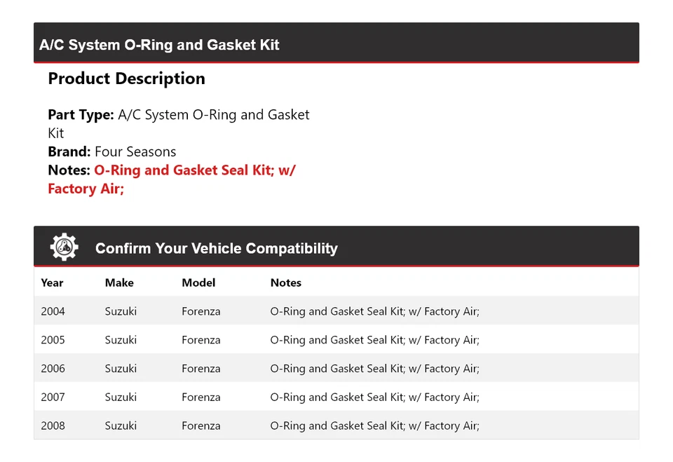 Kit de junta tórica y junta sistema de aire acondicionado Suzuki Forenza 2004-2008 4 estaciones 2005 Foto 2 de 4