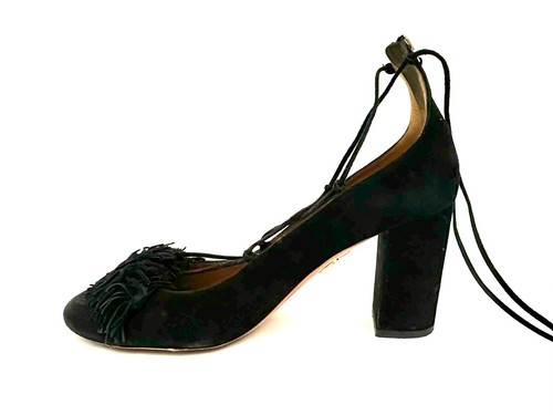 Aquazzura Firenze Wild Thing 85 Fringe Black Suede Heels Black Size 38.5 - Picture 9 of 9