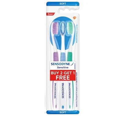 3 Sensodyne Sensitive Toothbrush Soft 3 Colours Green, Red, Blue and Purple