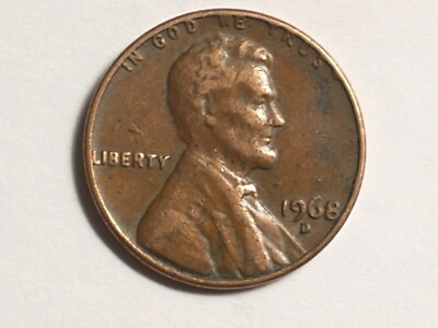 1968 D Lincoln Penny with Error on Top Rim L in Liberty, IN GOD WE TRUST 4/29 .