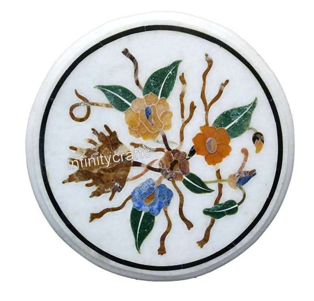 15 Inches Round Marble Coffee Table Top Floral Pattern Inlay Work End Table 15 Inches Round Marble Coffee Table Top Floral Pattern Inlay Work End Table