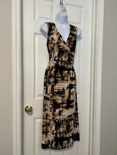 Kasper Brown/Beige Stretch Abstract Print Sleeveless Faux Wrap Dress Sz L