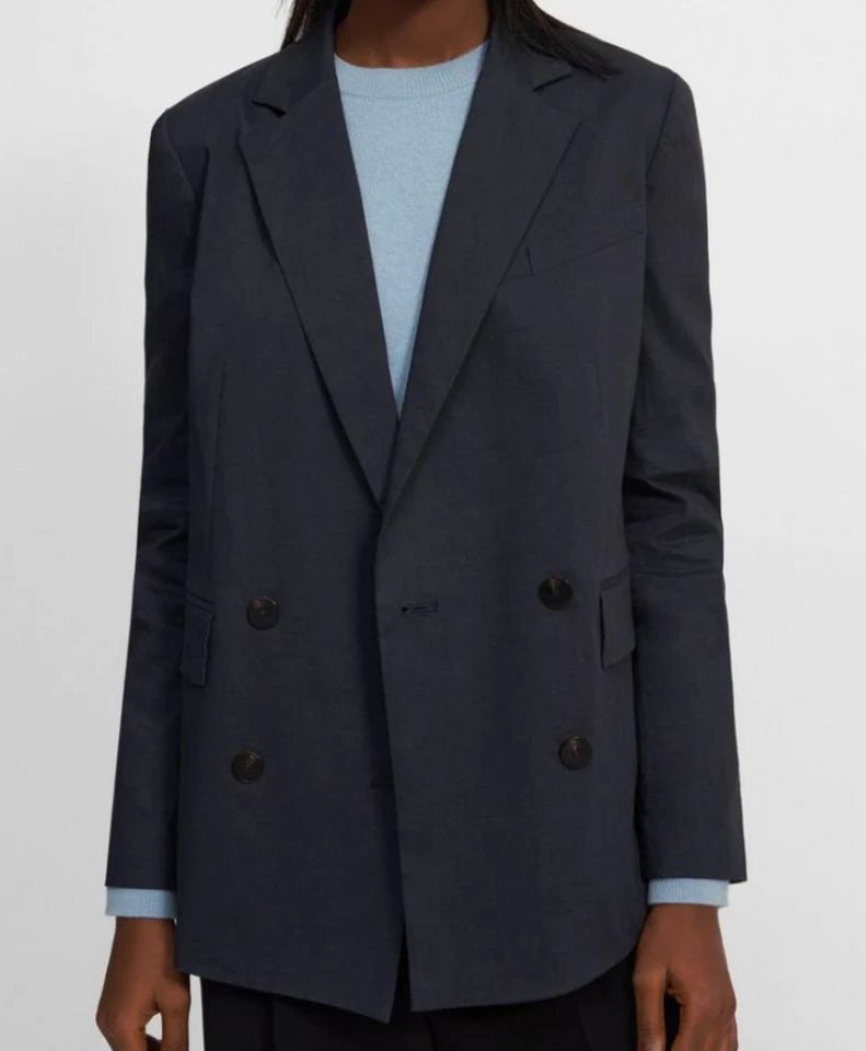 NWT THEORY Sz6 DOUBLE-BREASTED STRETCH LINEN BLAZER DEEP NAVY - Image 3 of 4