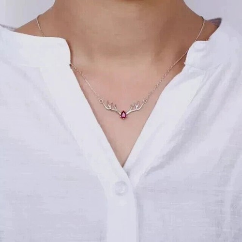 2CT Pear Cut Lab Created Pink Ruby Women's Chain Pendant 14K White Gold Finish - Picture 2 of 3