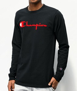 red black and white champion shirt