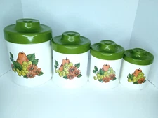 Vintage Retro Aluminum Nesting Canister Set Avocado Green Fruit 4 Piece Cottage