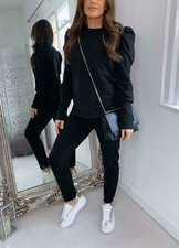 WOMENS LADIES FULL PUFF SLEEVE TOP BOTTOM LOUNGE WEAR SET TRACKSUIT UK 8-14