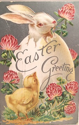1909 Easter Greetings Postcard, Embossed, Silver Gilded. #-784