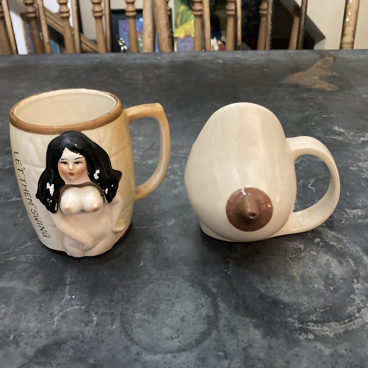 Lot Of 2 Novelty, Boob Breast Coffee Cups Let Them Swing Made In