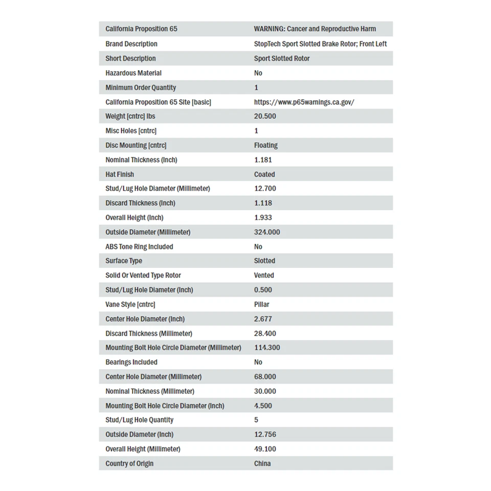 Rotor de freno de disco StopTech Sport ranurado delantero izquierdo para Infiniti G35, Nissan 350Z Foto 3 de 4