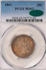 1861 LIBERTY SEATED QUARTER MS63 NO MOTTO PCGS CAC Incredible Toning