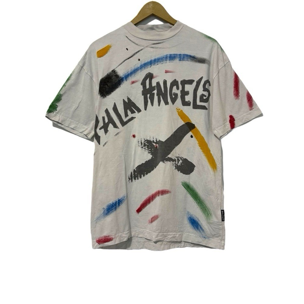 Palm Angels Men’s Small Off White Multicolor Brush Strokes Graphic Tee Shirt