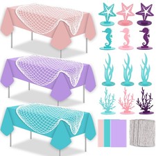 6 Pcs Fish Net Decorative Tablecloth Set, Ocean Waves Plastic Tablecloths Cot...