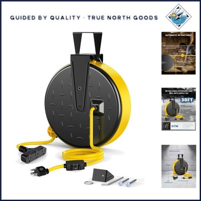 Durable Retractable Extension Cord Reel with 3 Outlets for Garage or Shop Use