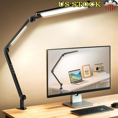 LED Desk Lamp W/ Clamp Remote Control Adjustable Brightness Dual Light Source US