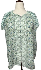 Rose + Olive Top Womens 1X Blue Green Floral Flutter Sleeve Ruffled Cottagecore