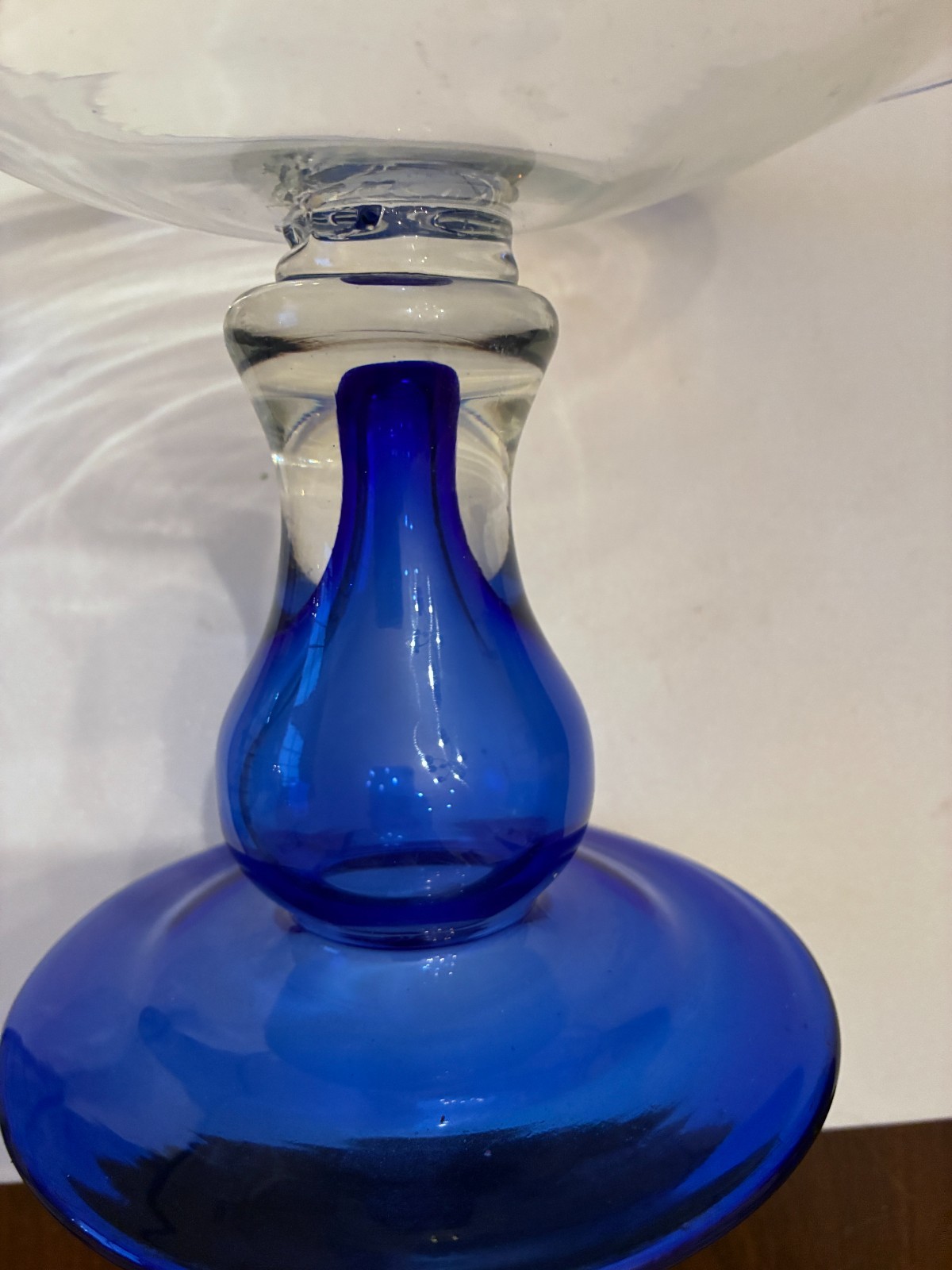 blown  glass centerpiece bowl  Blue hollow bubble pedestal & Blue rim 10.75"