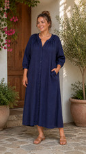 Uniqlo Navy Blue Linen Blend Shirt Dress Puff Sleeve Button Front Midi Dress