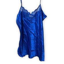 California Dynasty Vintage Slip Nighty Short Gown Silky Satin Blue With Lace